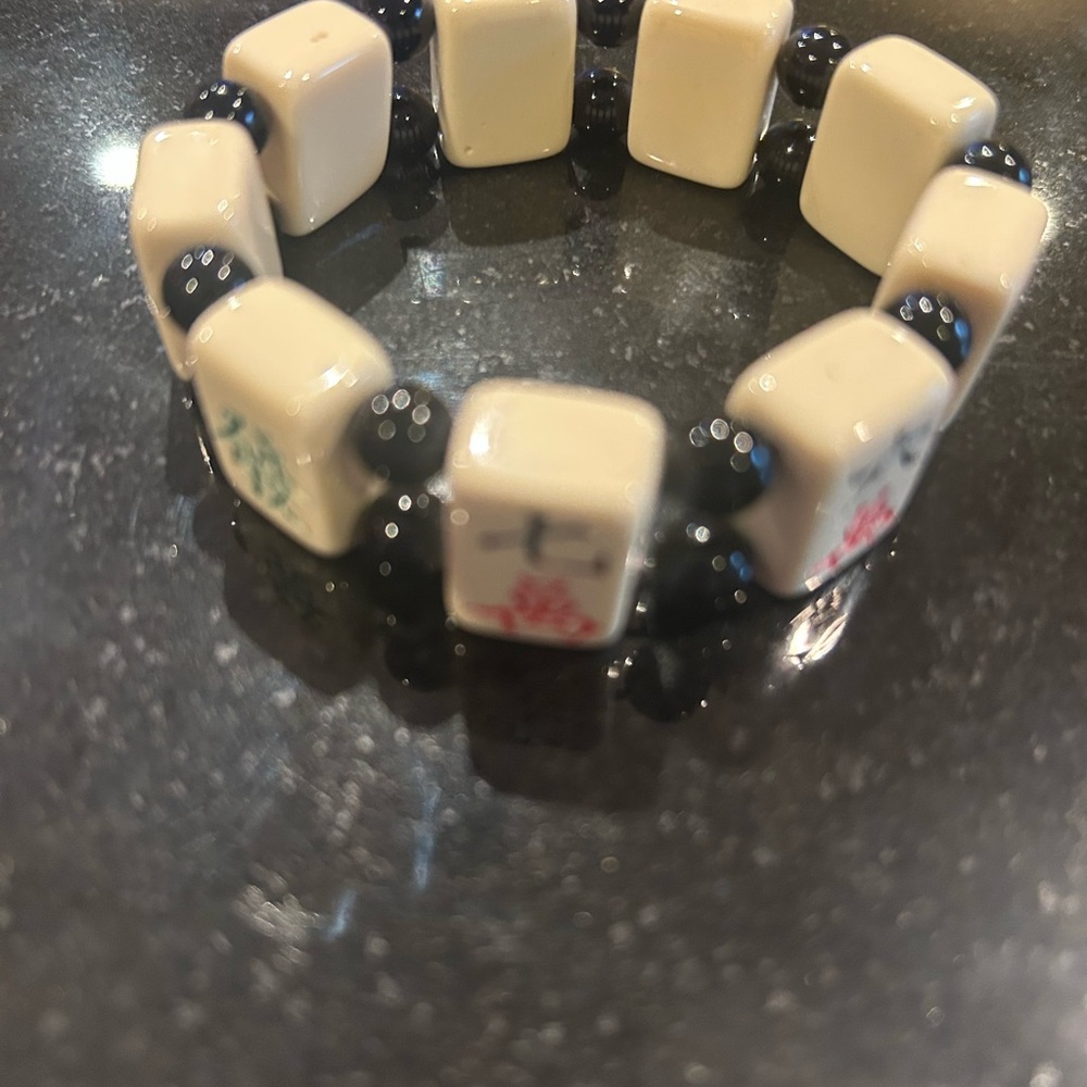 Vintage Mahjong Tile Stretch Bracelet with Black Beads - Picture 3 of 5
